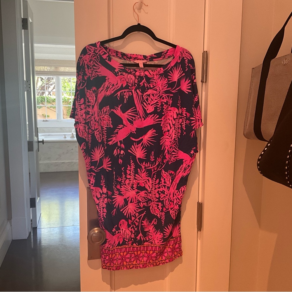 Vibrant Pink and Navy Tunic Tropical Dress